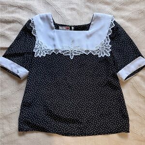 Vintage Whimsical Polka Dot Women's Blouse with Lace Trim